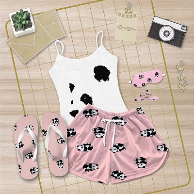 Kit Pijama Alcinha Curto de Verão Panda + Chinelo de dedo