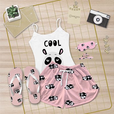 Kit Pijama Alcinha Curto de Verão Panda + Chinelo de dedo