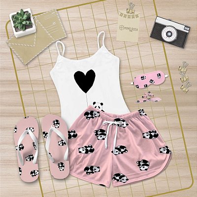 Kit Pijama Alcinha Curto de Verão Panda + Chinelo de dedo