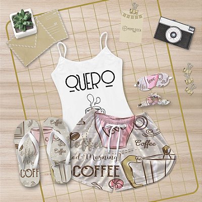 Kit Pijama Alcinha Curto de Verão Quero Café + Chinelo de dedo