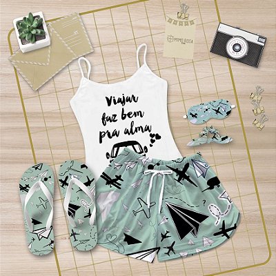 Kit Pijama Alcinha Curto de Verão Viajar + Chinelo de dedo