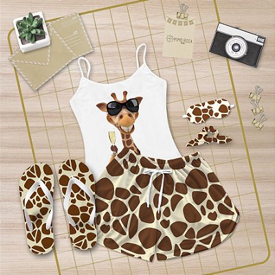 Kit Pijama Alcinha Curto de Verão Girafa + Chinelo de dedo