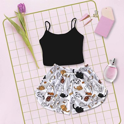 Kit Baby Doll Cropped Preto Estampa Gatinho