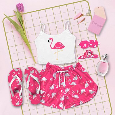 Kit Pijama Cropped Curto de Verão Flamingo + Chinelo de dedo