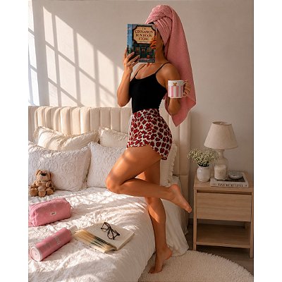 Pijama Feminino Baby Doll Alcinha Preto Coração Vermelho