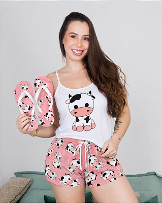Pijama Feminino Baby Doll Kit Com Chinelo De Dedo Vaquinha Rosa