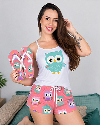 Pijama Feminino Baby Doll Kit Com Chinelo De Dedo Corujinha Rosa