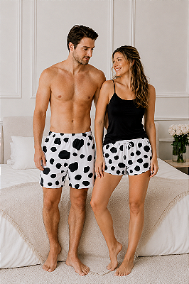 Pijama Baby Doll Preto Casal Vaquinha Preta + Bermuda Masculina Vaquinha