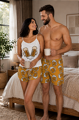 Pijama Baby Doll Branco Casal Bora Tomar Uma + Bermuda Masculina