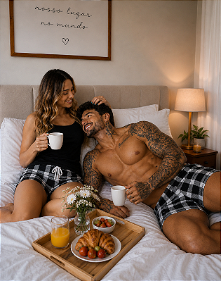 Pijama Baby Doll Preto Casal Xadrez + Bermuda Masculina