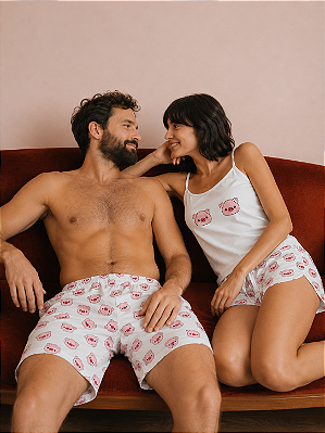 Pijama Baby Doll Branco Casal Porquinho + Bermuda Masculina