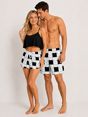 Pijama Cropped Preto Casal Gatinho Preto + Bermuda Masculina