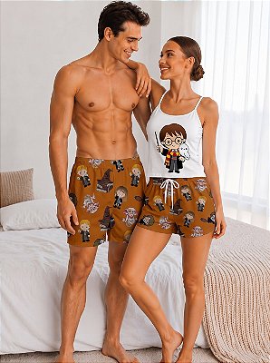 Pijama Baby Doll Branco Casal Harry Potter + Bermuda Masculina