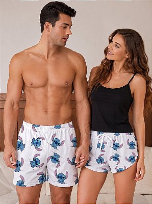 Pijama Baby Doll Preto Casal Stitch + Bermuda Masculina