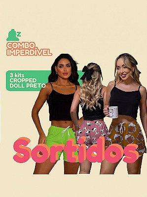 Kit 3 Conjuntos De Cropped Preto Feminino + Shorts Estampas Aleatórias