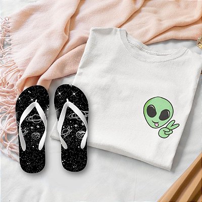 Combo Alien:  T-shirt Branca + Chinelo