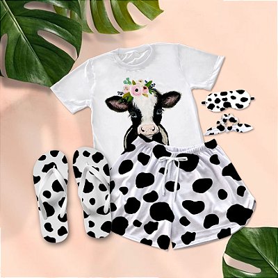 Kit Pijama Curto de Verão Vaca Desenho + Chinelo de dedo