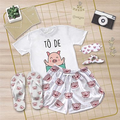 Kit Pijama Curto de Verão Tô de Bacon a vida + Chinelo de dedo