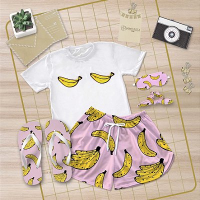 Kit Pijama Curto de Verão Banana +  Chinelo de dedo