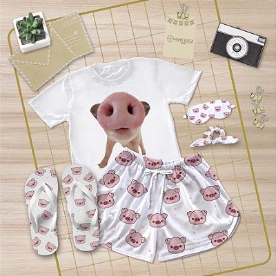 Kit Pijama Curto de Verão Porco + Chinelo de dedo