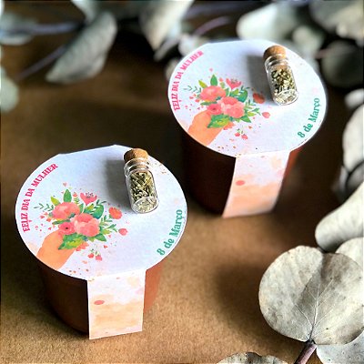 Vaso com Card e Mini Vidro com Sementes | Dia da Mulher | Modelo 02