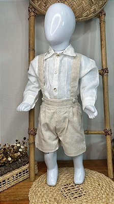 Conjunto social menino com suspensório de festa batizado bebê casamento camisa e short  de linho