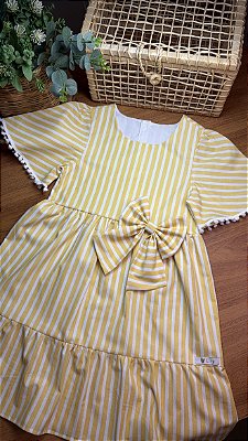 Vestido Infantil Algodão listrado amarelo manteiga e branco