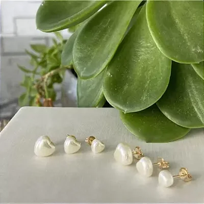 Trio de Brincos Pérola Coração 5mm 6mm 8mm