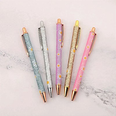 Caneta Clic Luxo Metálica Glitter & Margaridas 1.0mm