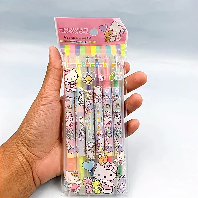 Marca Texto Florescente Ponta Dupla Hello Kitty Sanrio • Estojo 6 Cores
