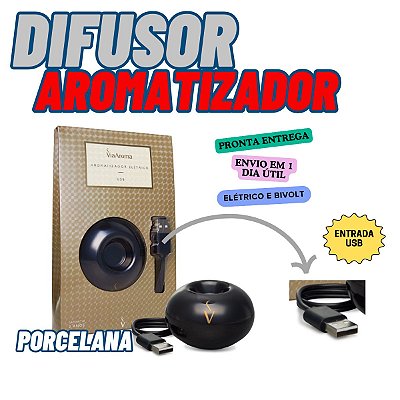Difusor Aromatizador Elétrivo Bivolt Porcelana USB Preto Via Aroma