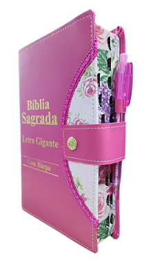 Biblia letra gigante ARC com harpa botão e caneta rosa pink com floral