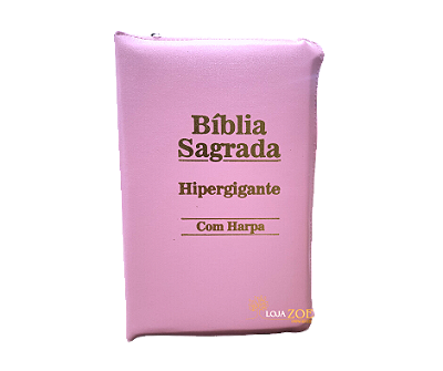 Biblia letra hipergigante ARC com harpa zíper rosa bebê