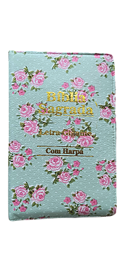Biblia letra gigante ARC com harpa zíper verde água floral
