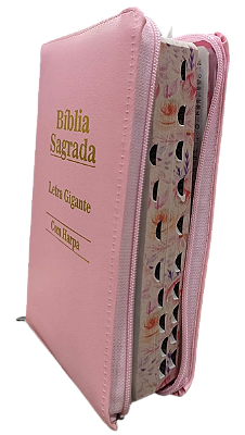 Biblia letra gigante ARC ZIPER com harpa rosa bebê BEIRA FLORAL