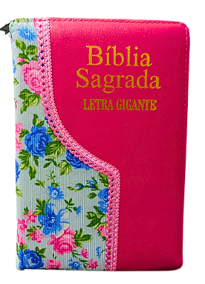 Biblia letra gigante ACF com zíper s/ harpa rosa pink com floral azul