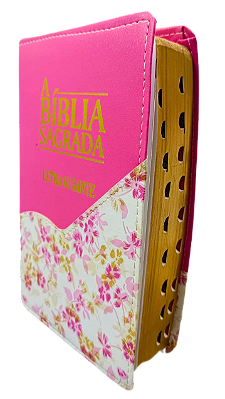 Biblia letra gigante ACF com índice s/ harpa rosa pink com floral