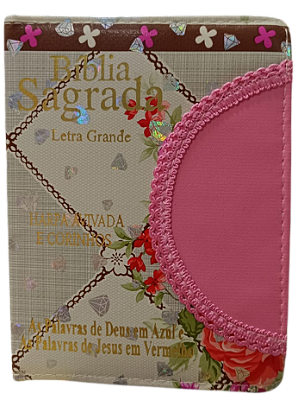 Biblia letra grande ARC com zíper floral faixa marrom, palavras de Deus em azul e Jesus em vermelho. Pequena L16xA12,5xP