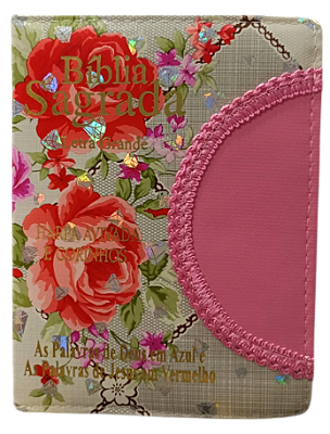 Biblia letra grande ARC com zíper floral com rosa bebê, palavras de Deus em azul e Jesus em vermelho. Pequena L16xA12,5x