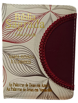 Biblia letra grande ARC com zíper nude estampada detalhe vinho, palavras de Deus em azul e Jesus em vermelho. Pequena L1