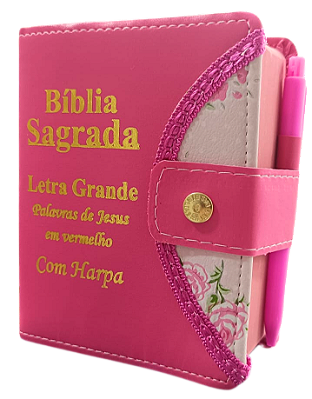 Biblia Sagrada  letra grande ARC com harpa s/ zíper com botão e caneta palavras de Jesus em vermelho, rosa pink com flor