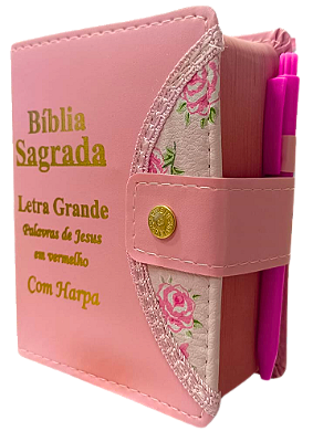 Biblia Sagrada  letra grande ARC com harpa s/ zíper com botão e caneta palavras de Jesus em vermelho, rosa bebê com flor