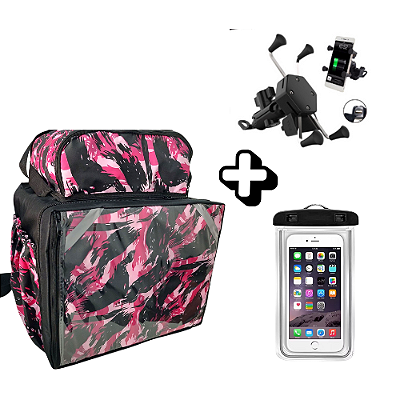 Kit bag LAMINADA 45 litros canguru Camuflada Rosa+ Suporte de celular com carregador + Capinha a prova d' água