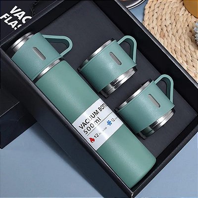 Kit Garrafa Térmica Inox 500ml Com 3 Xícaras Camping Viagem Café.