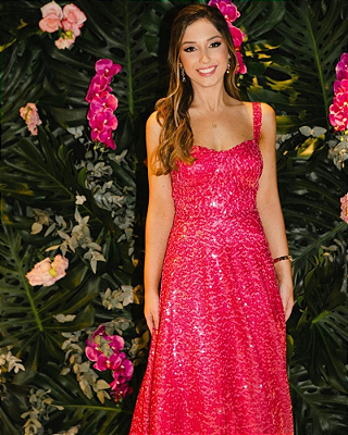 vestido midi paete rosa