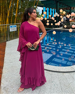 vestido manga com babados fucsia