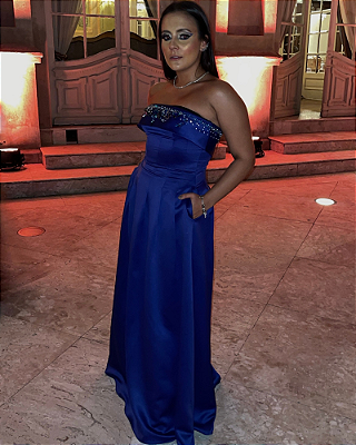 vestido bordado longo azul
