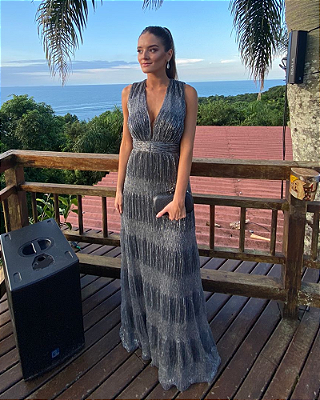 vestido lurex com manga removível cinza