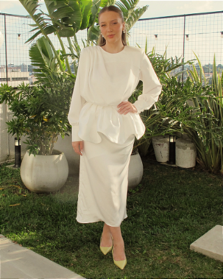 vestido midi acinturado cetim branco