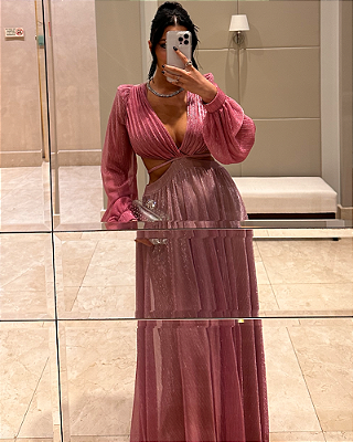 vestido recortes lurex rosa